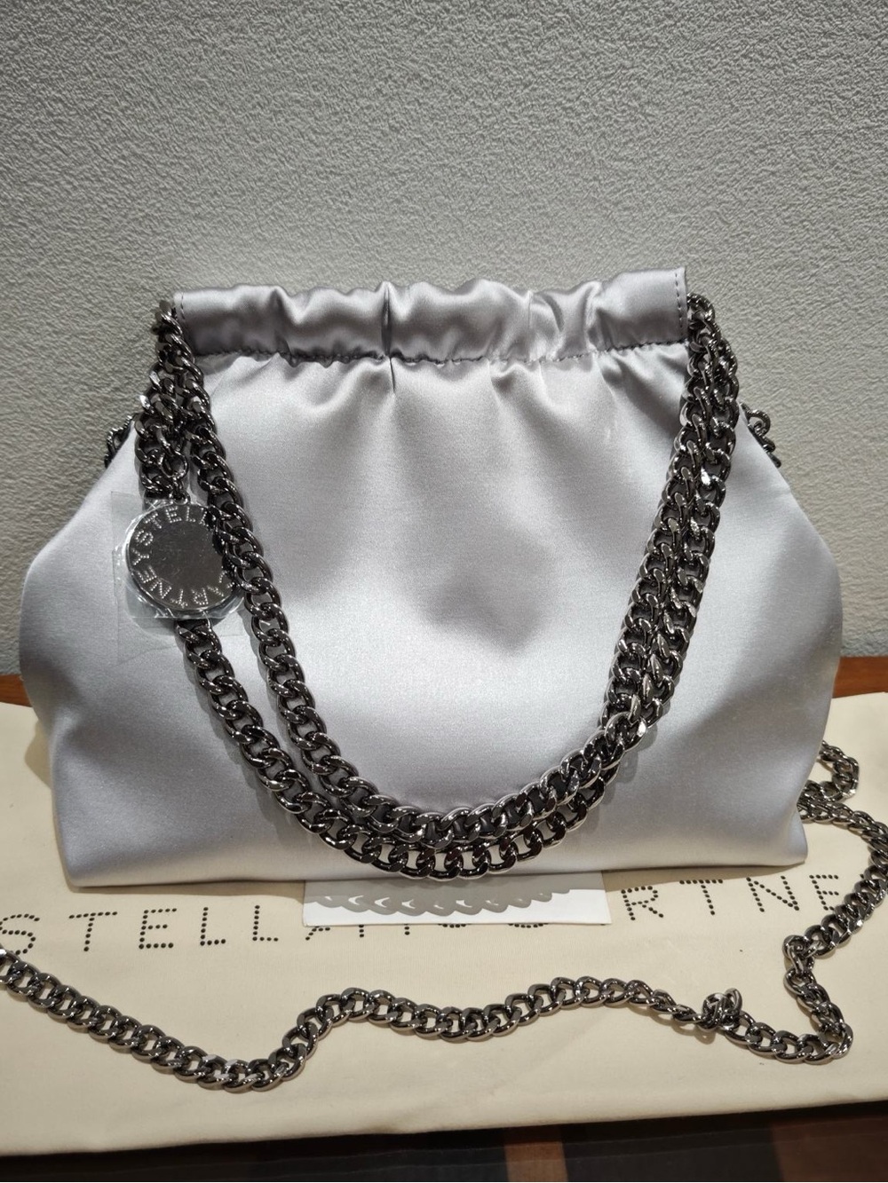 Stella McCartney Silver Satin Shoulder Bag with Gunmetal Chains